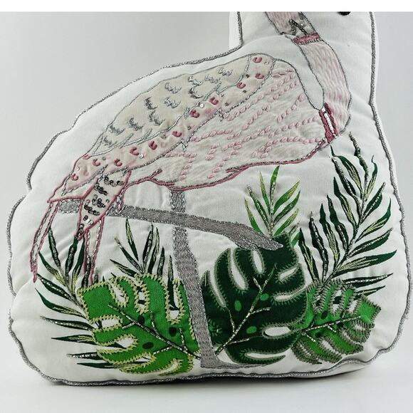 Accent Throw Pillow Beaded Flamingo Tropical Home Decor 19" Pink Monstera Leaf - Picture 2 of 15